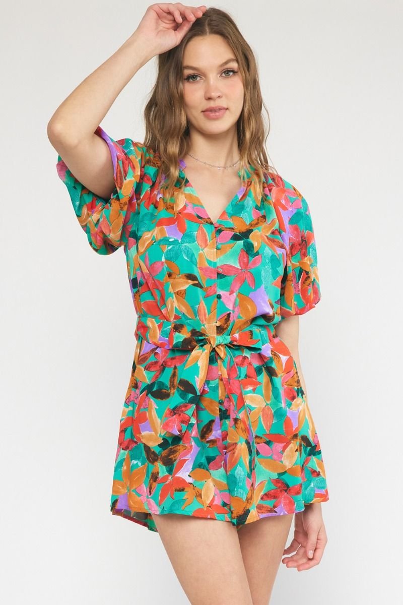 GREEN MULTI FLORAL ROMPER from Raggdoll Boutique, perfect for trendy coastal style and summer outfits Texas.