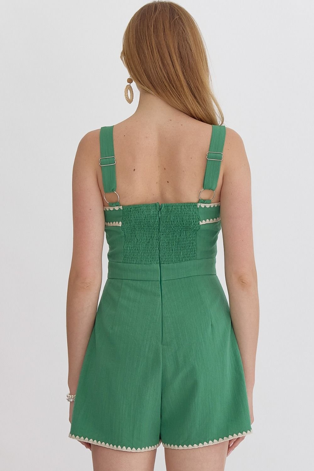 Piper Romper in green showcasing back view, perfect for summer outfits Texas from Raggdoll Boutique.