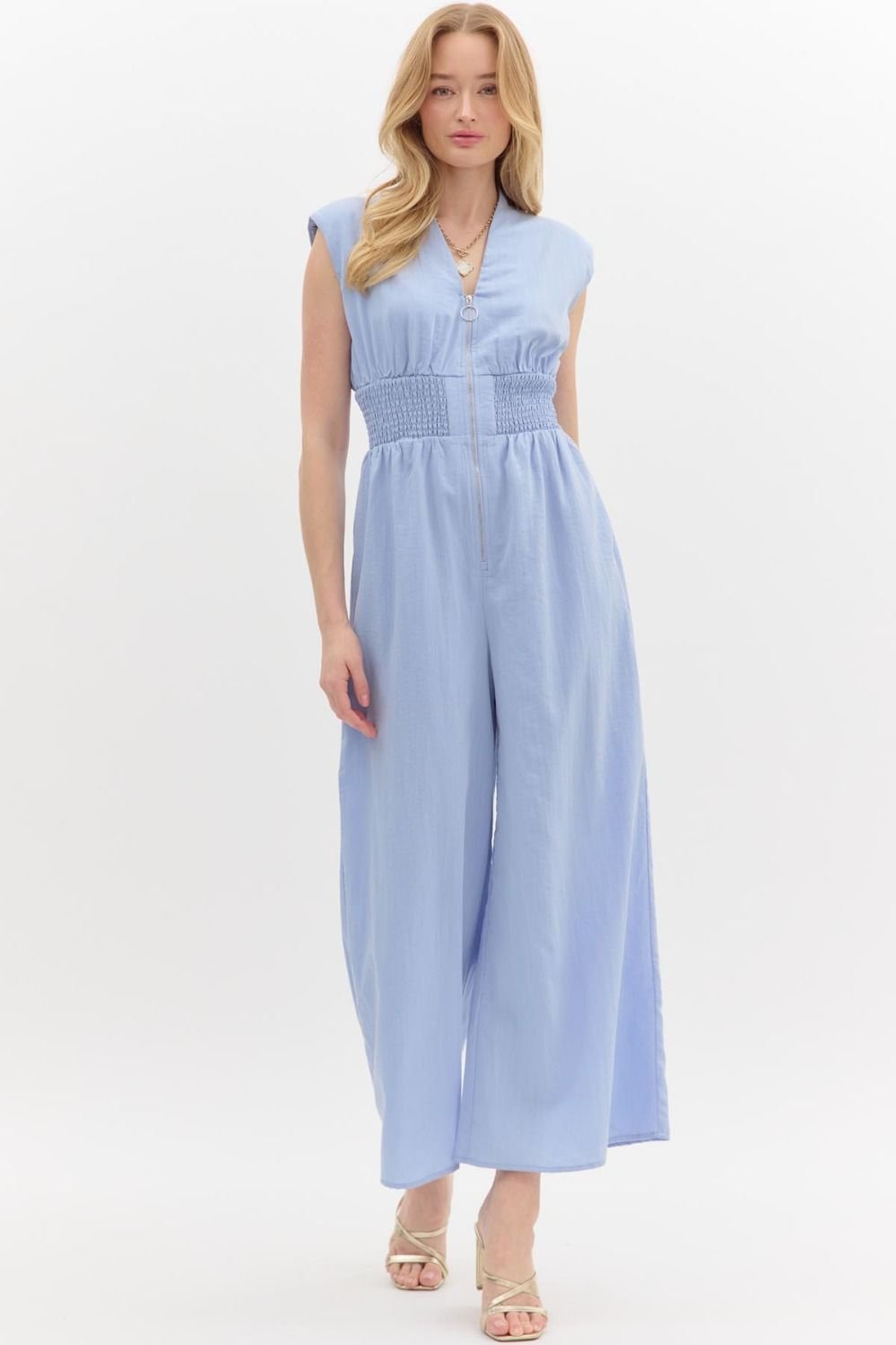 Stylish chambray jumpsuit with zipper; perfect for coastal boutique clothing & summer events. Ideal for curvy plus size fashion.