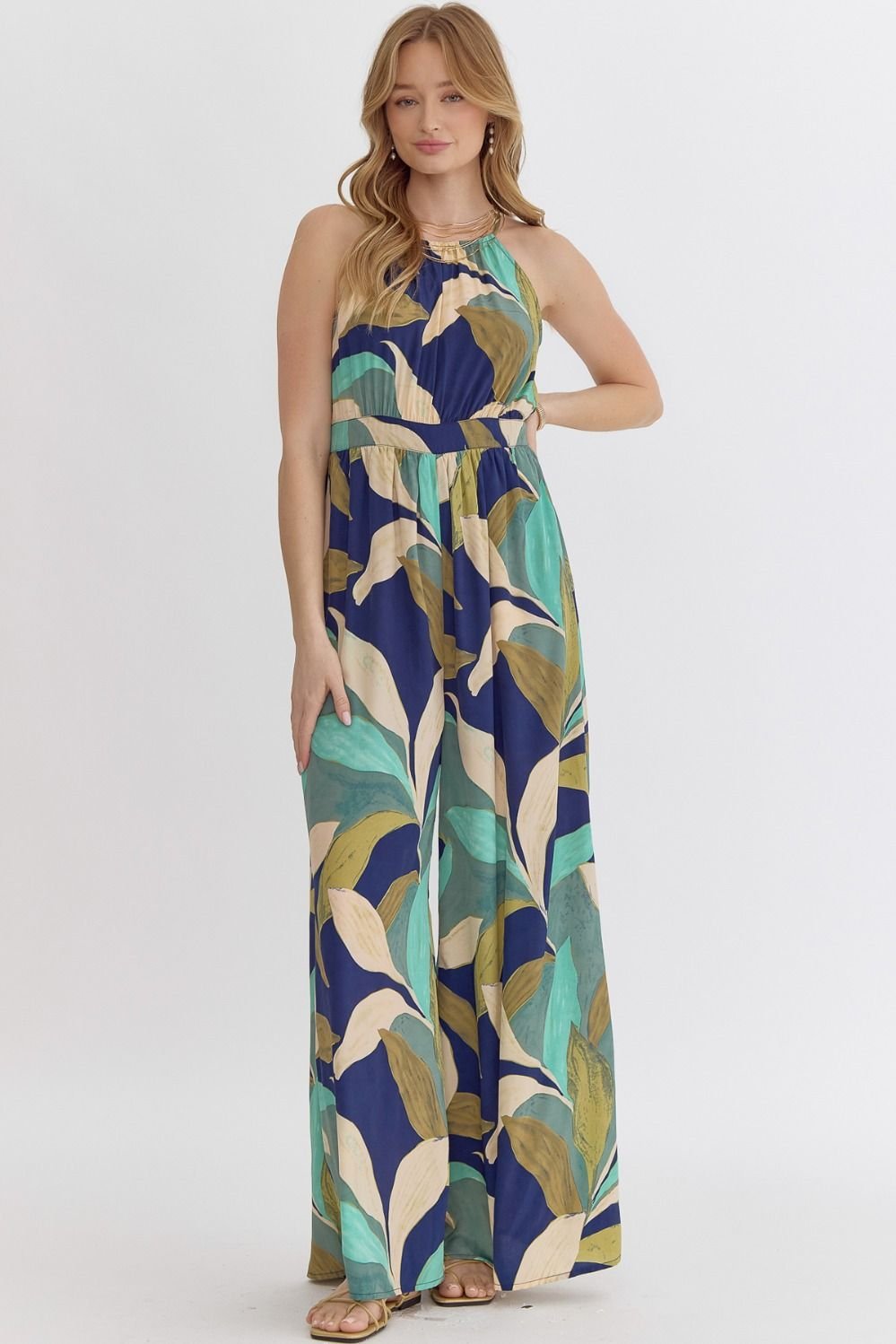 Navy and greens jumpsuit perfect for coastal boutique clothing, stylish for tropical vacations and curvy plus size fashion.