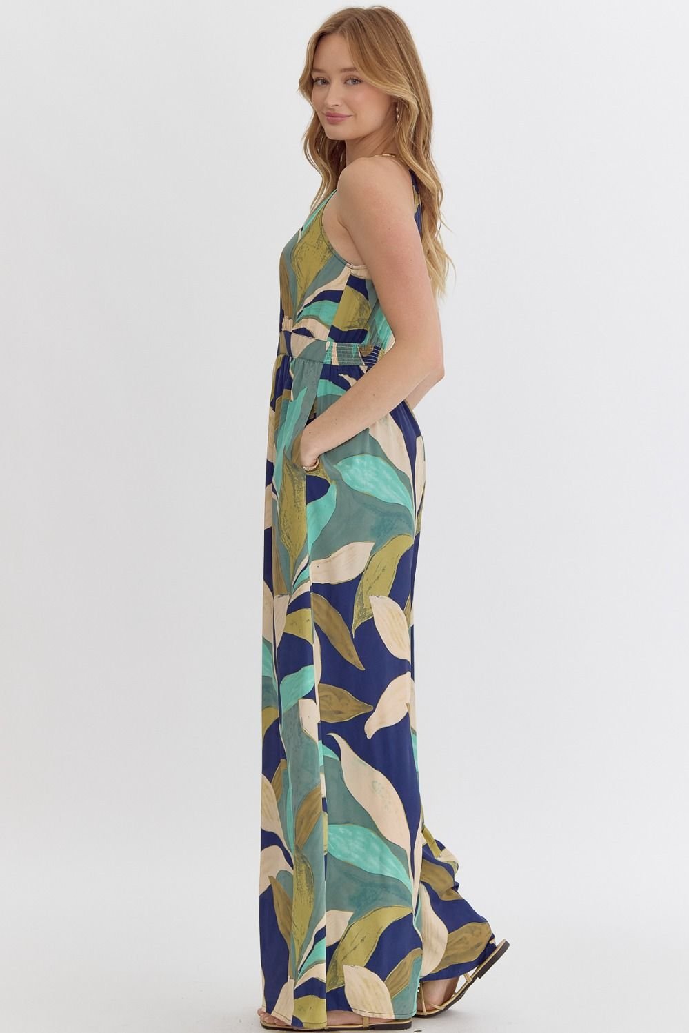 Stylish navy and greens jumpsuit, perfect for coastal boutique clothing and tropical vacation dresses from Port Aransas boutique.