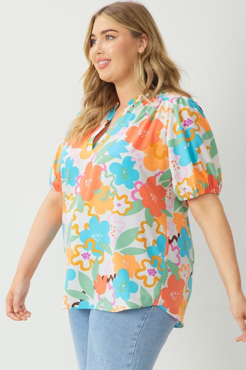 PLUS ENTRO MULTI-TOP colorful floral blouse for trendy coastal style at Raggdoll Boutique, Port Aransas.