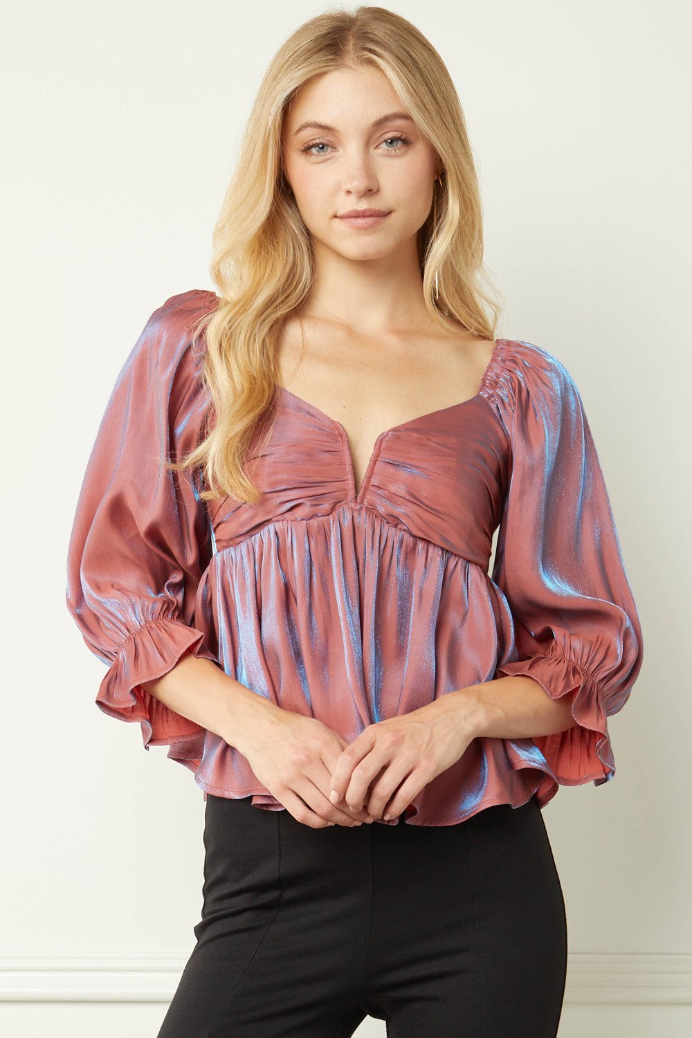 MARSALA TOP from Raggdoll Boutique, featuring iridescent v-neck and 3/4 sleeves, perfect for summer outfits Texas.