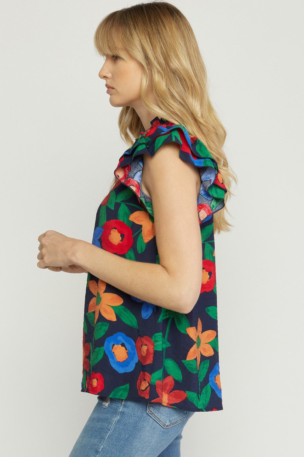 Navy Top with Flowers from Raggdoll Boutique, trendy coastal style for summer outfits Texas.