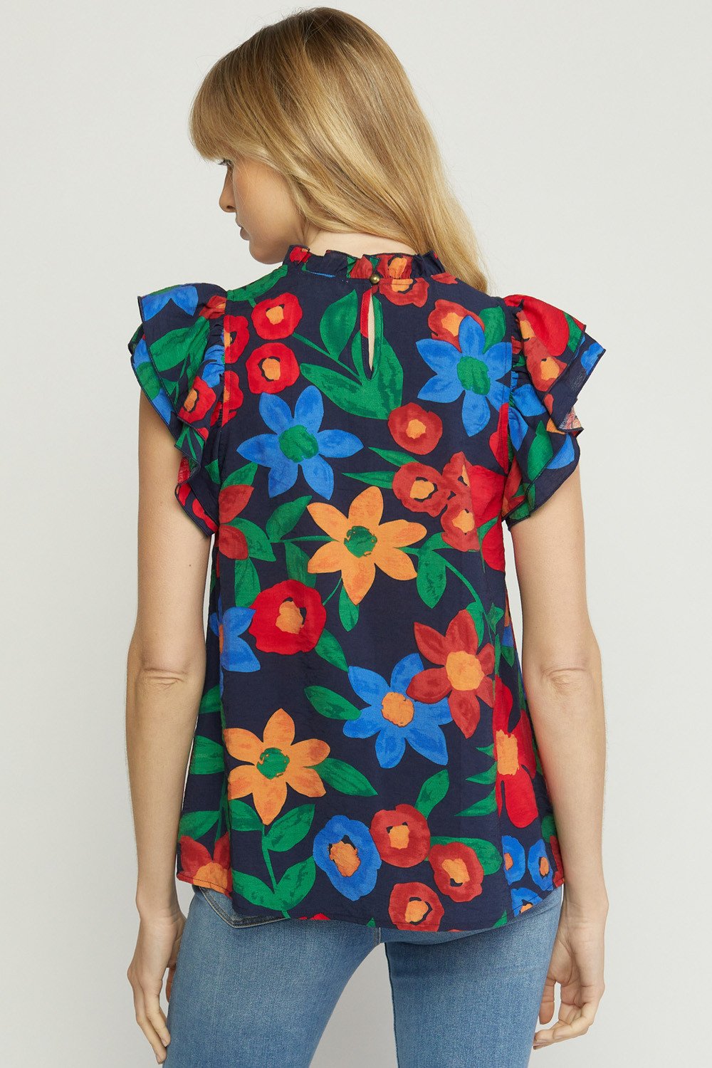 Navy Top with Flowers, floral top from Raggdoll Boutique, perfect for summer outfits Texas and coastal fashion style.