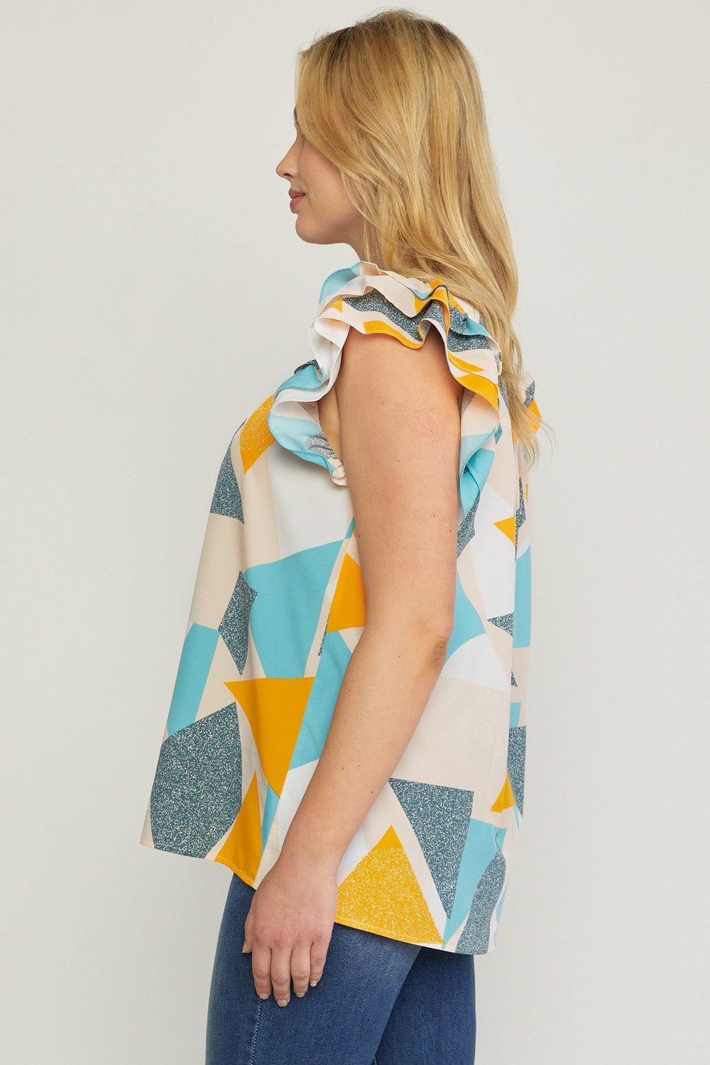PLUS GOLD ABSTRACT TOP from Raggdoll Boutique, featuring a lightweight, colorful design perfect for coastal fashion.