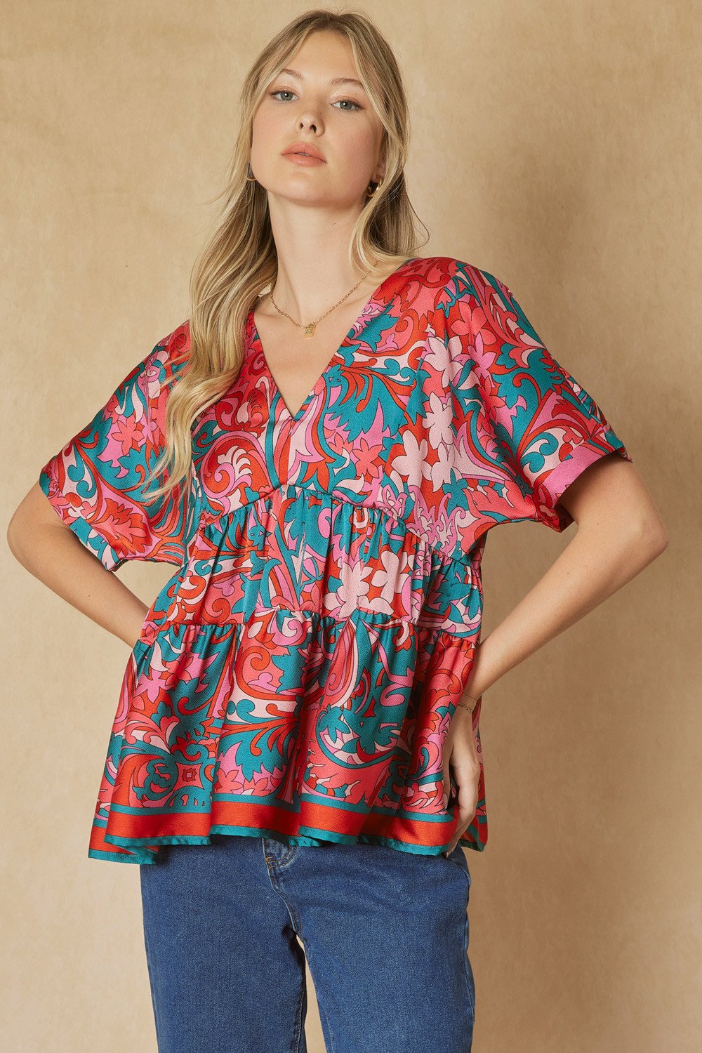 PINK AND GREEN TIE AT BACK WITH TASSELS top from Raggdoll Boutique, perfect for trendy coastal style and summer outfits Texas.