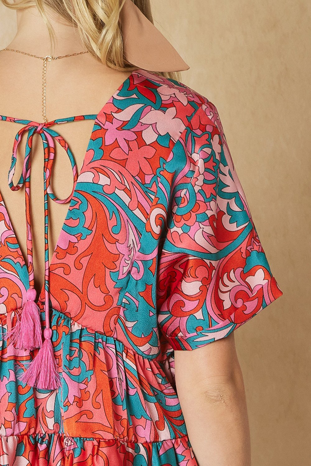 PINK AND GREEN TIE AT BACK WITH TASSELS from Raggdoll Boutique, trendy coastal style for summer outfits Texas.