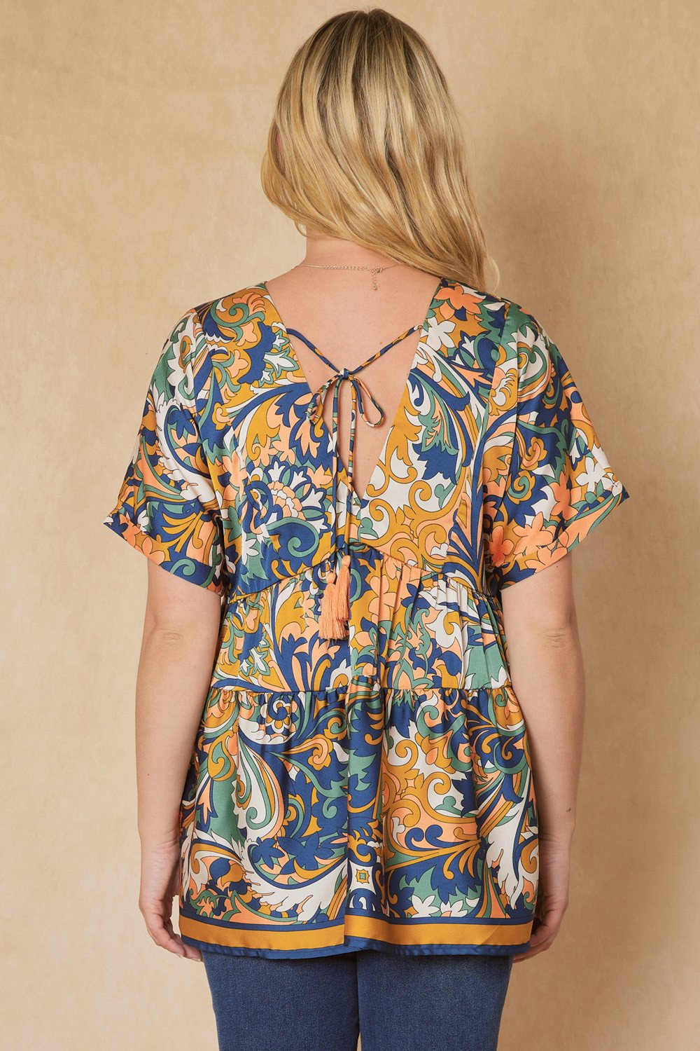 MIDNIGHT/GOLD PRINT KIMONO TOP back view showcasing trendy coastal style from Raggdoll Boutique.