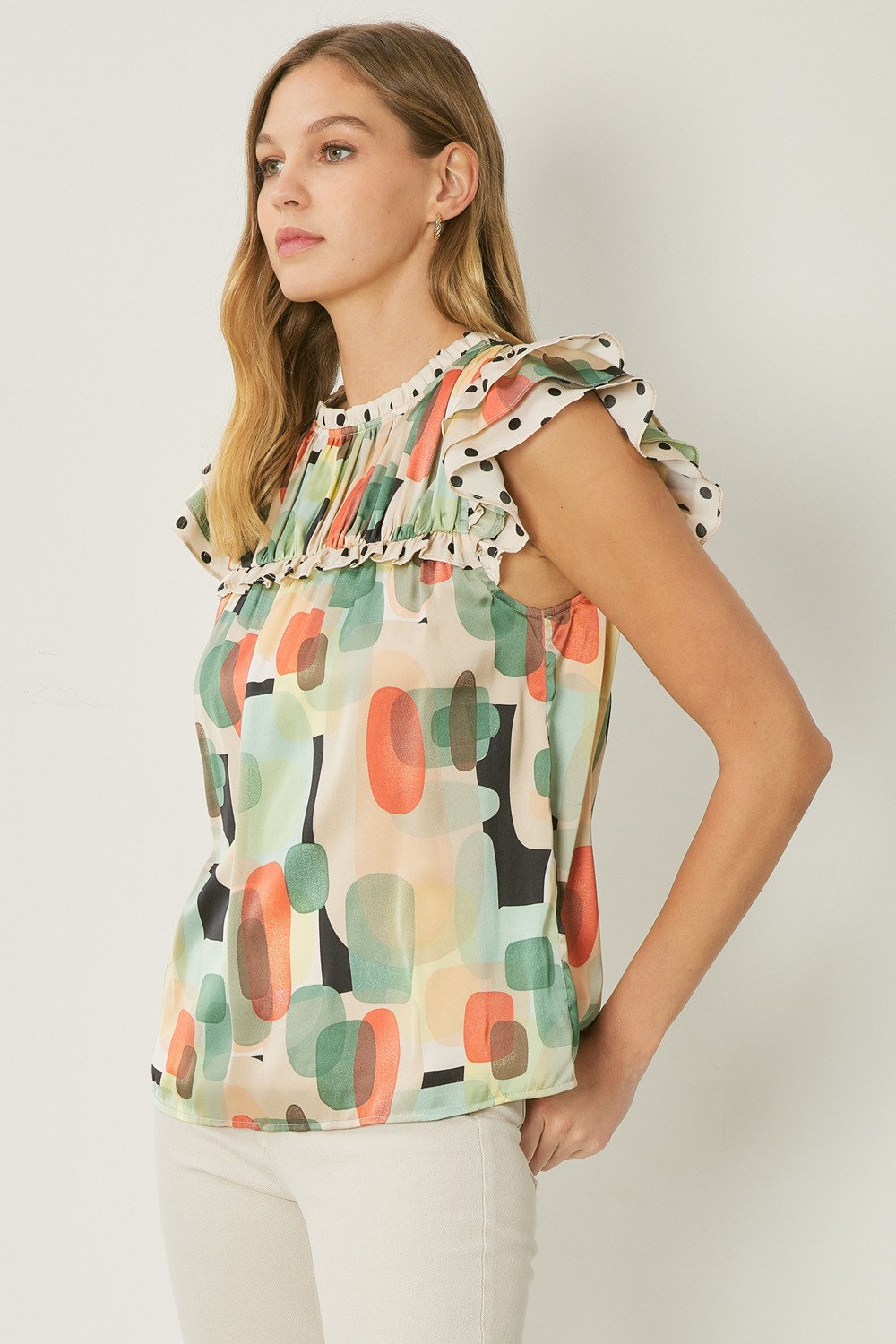BLACK, GREEN, CORAL DOT RUFFLE TOP from Raggdoll Boutique, trendy coastal style for summer outfits Texas.