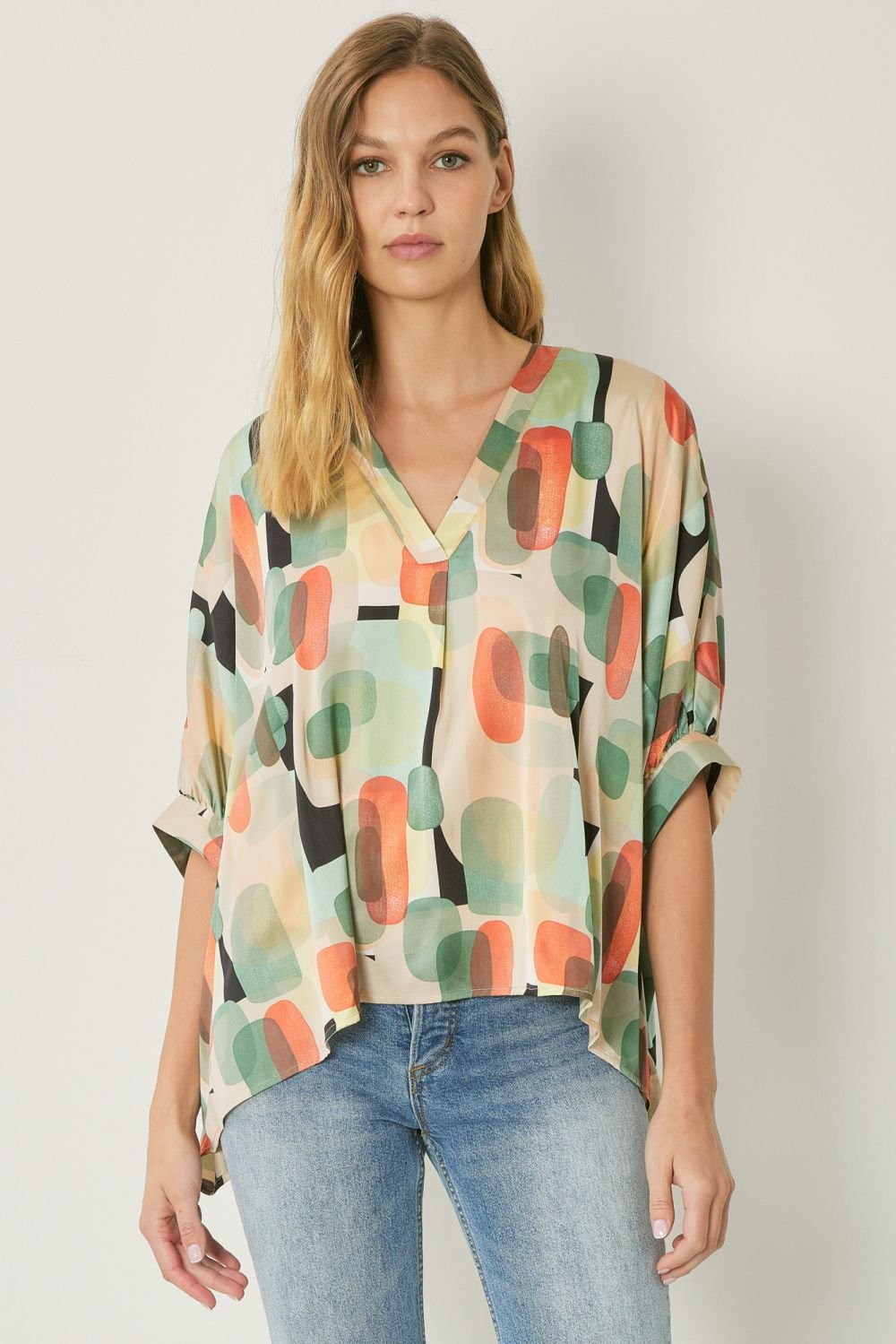 Mint multi graphic top for women, perfect for coastal boutique clothing and tropical vacation dresses.