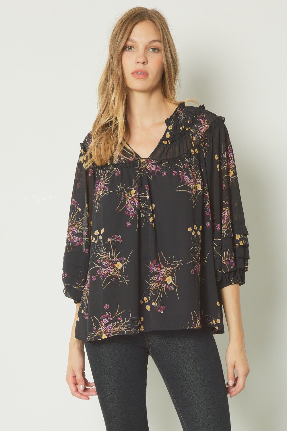 BLACK FLORAL TOP WITH SLEEVE DETAIL from Raggdoll Boutique, perfect for trendy coastal style and summer outfits Texas.