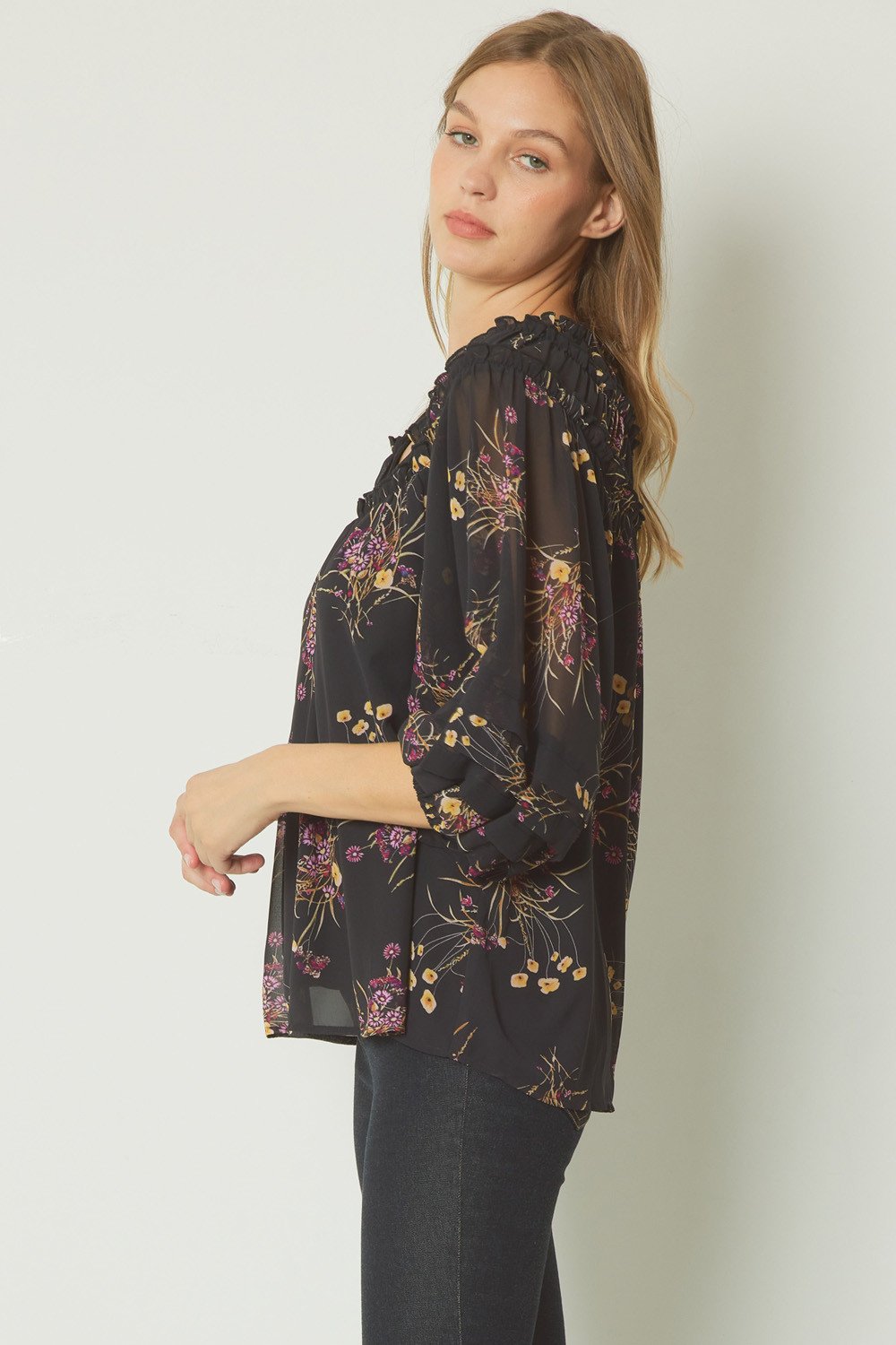 BLACK FLORAL TOP WITH SLEEVE DETAIL available at Raggdoll Boutique for trendy coastal style summer outfits Texas.