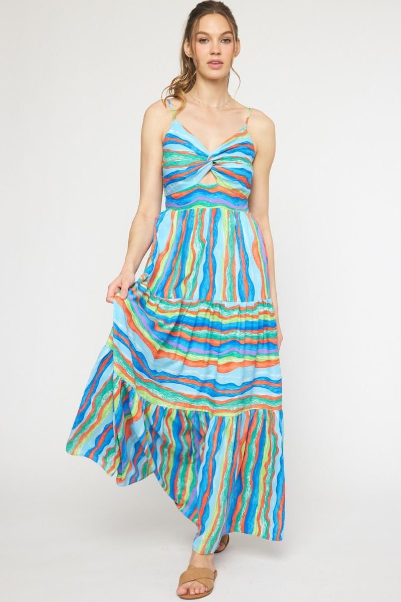 BLUE WAVES MIDI DRESS displayed on model, showcasing trendy coastal style for summer outfits Texas at Raggdoll Boutique.