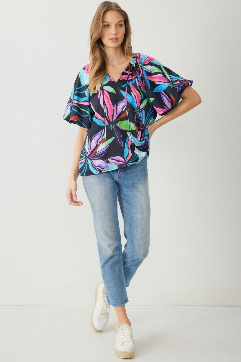 MULTI BLACK BUBBLE SLEEVE TOP from Raggdoll Boutique featuring trendy coastal style and summer outfits Texas.