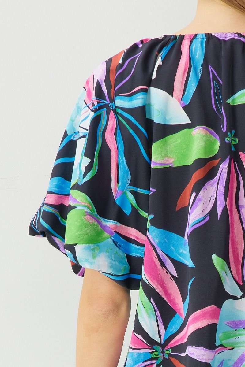 MULTI BLACK BUBBLE SLEEVE TOP featuring vibrant floral pattern, perfect for summer outfits Texas from Raggdoll Boutique.