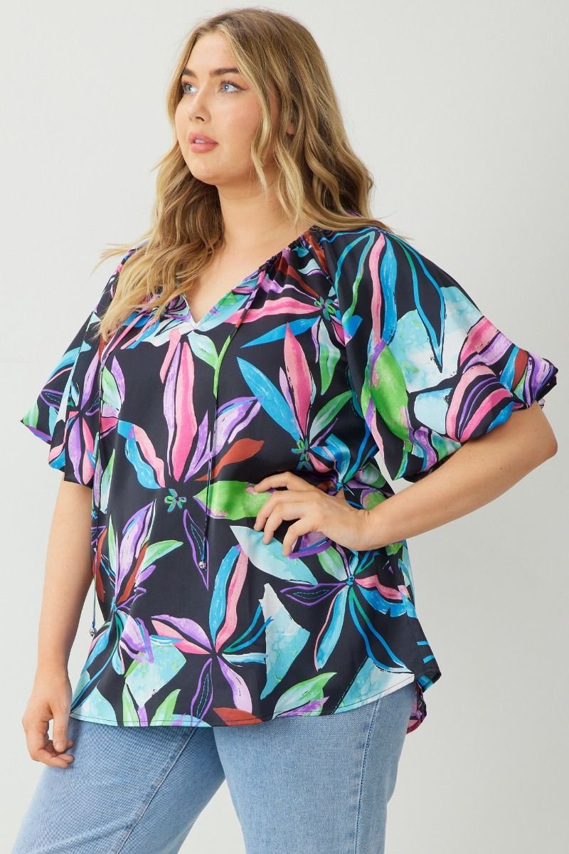 PLUS BLACK MULTI TOP WITH BUBBLE SLEEVE from Raggdoll Boutique, ideal for trendy coastal style and summer outfits Texas.