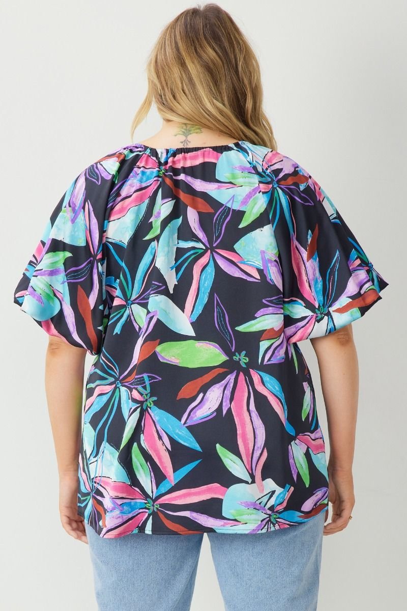 PLUS BLACK MULTI TOP WITH BUBBLE SLEEVE featuring colorful floral design from Raggdoll Boutique.