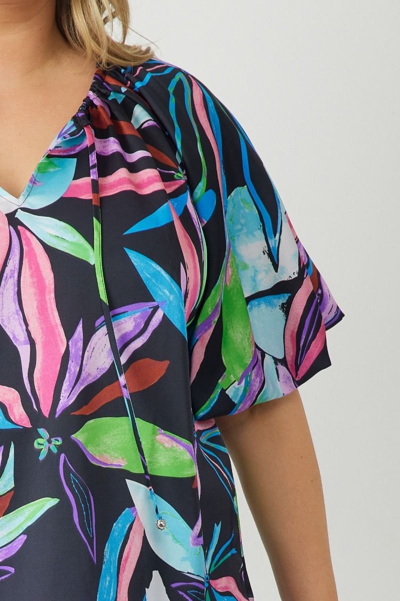 PLUS BLACK MULTI TOP WITH BUBBLE SLEEVE from Raggdoll Boutique featuring colorful floral design.