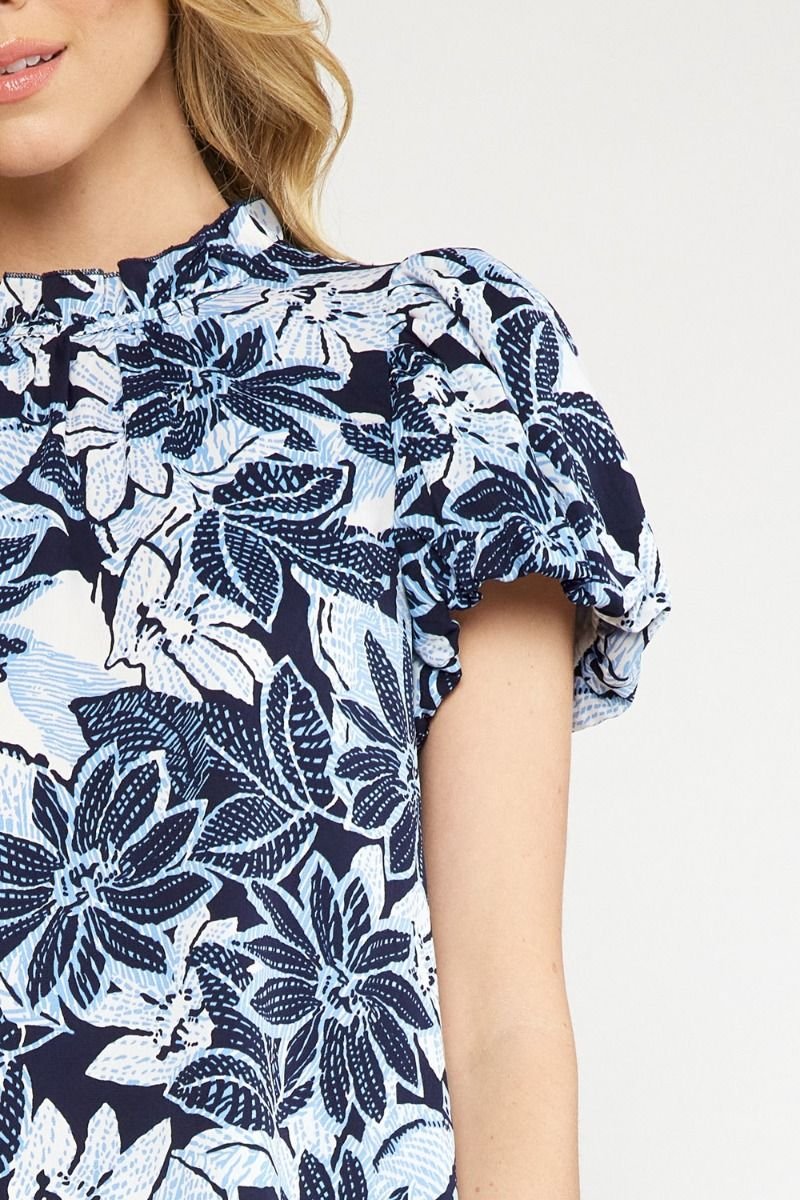 Navy, blue, white top with floral design, perfect for summer outfits Texas from Raggdoll Boutique.
