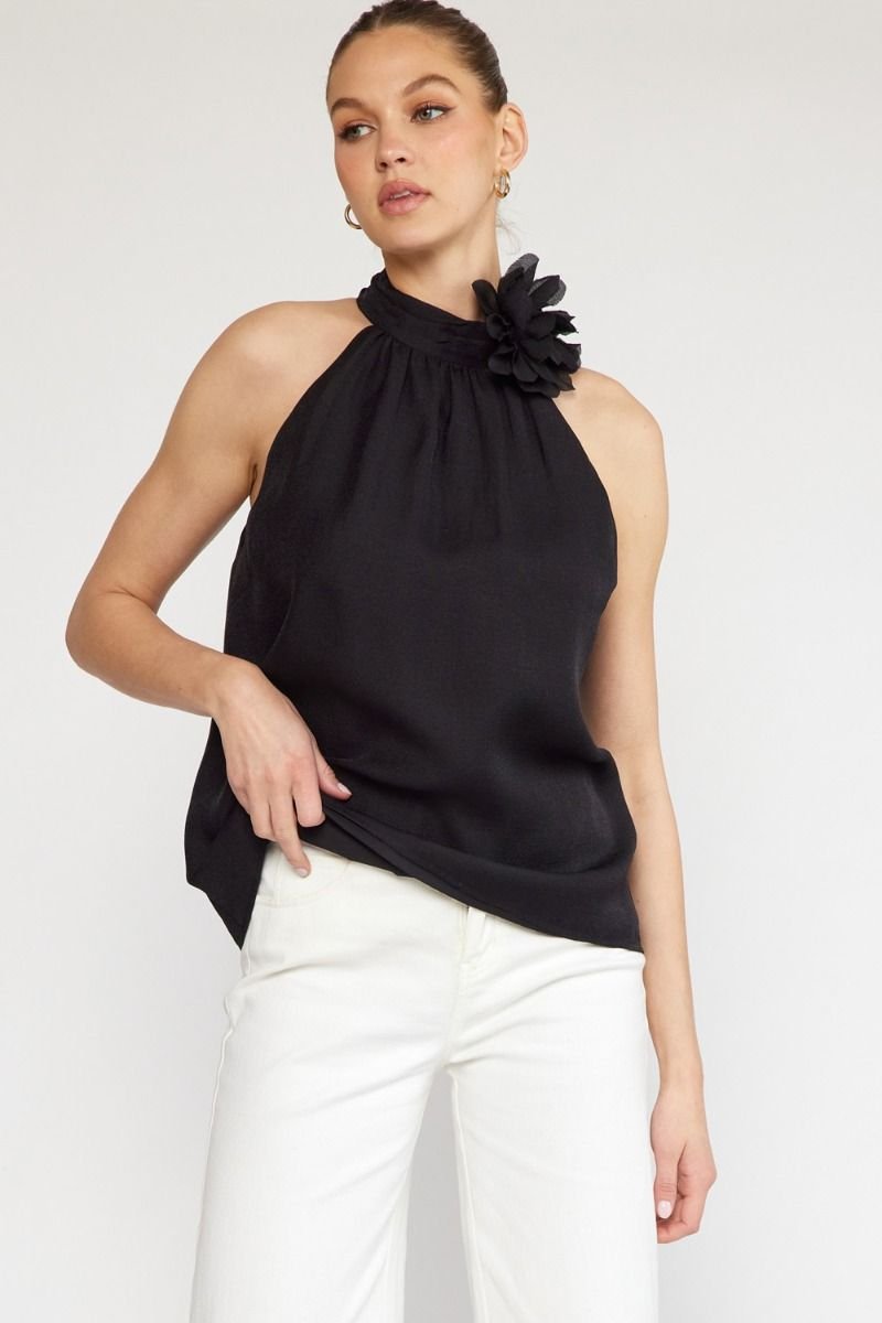BLACK HALTER TOP WITH FLOWER DETAIL from Raggdoll Boutique, perfect for summer outfits Texas and trendy coastal style.