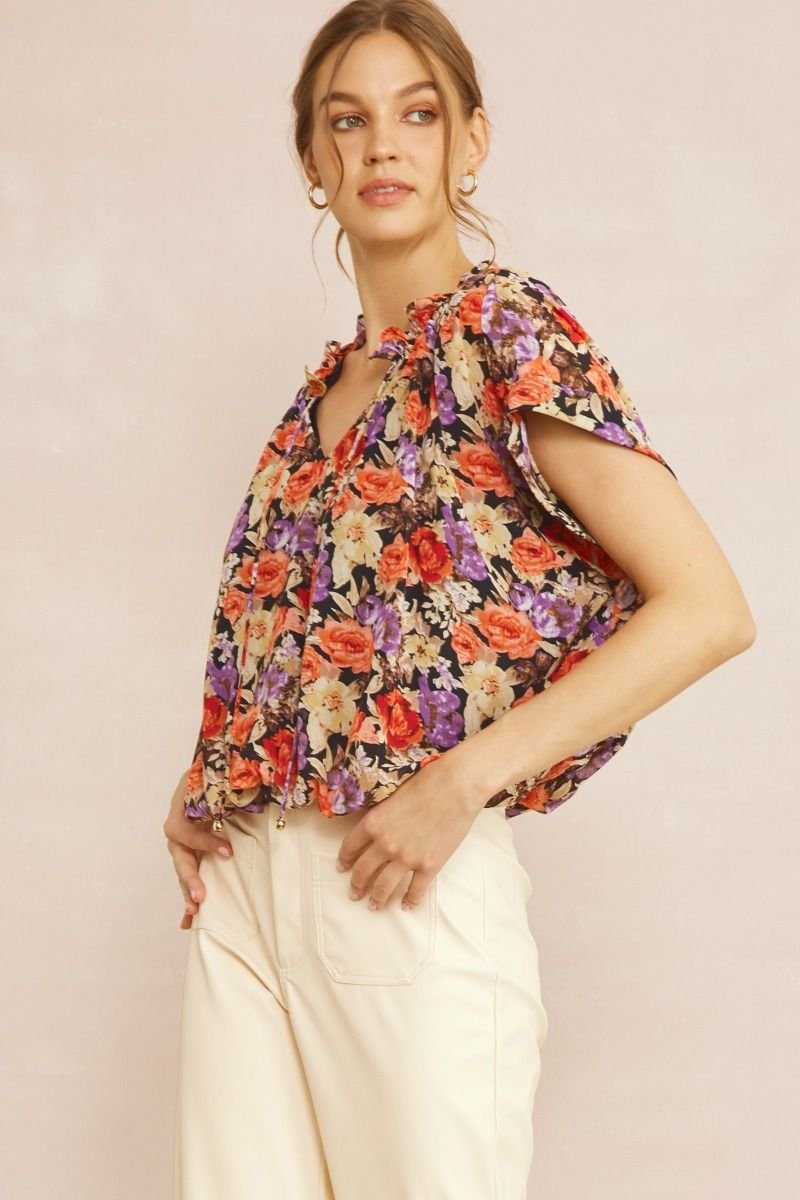 BROWN AND PINK FLORAL TOP WITH WAIST DETAIL styled with trendy coastal fashion from Raggdoll Boutique.