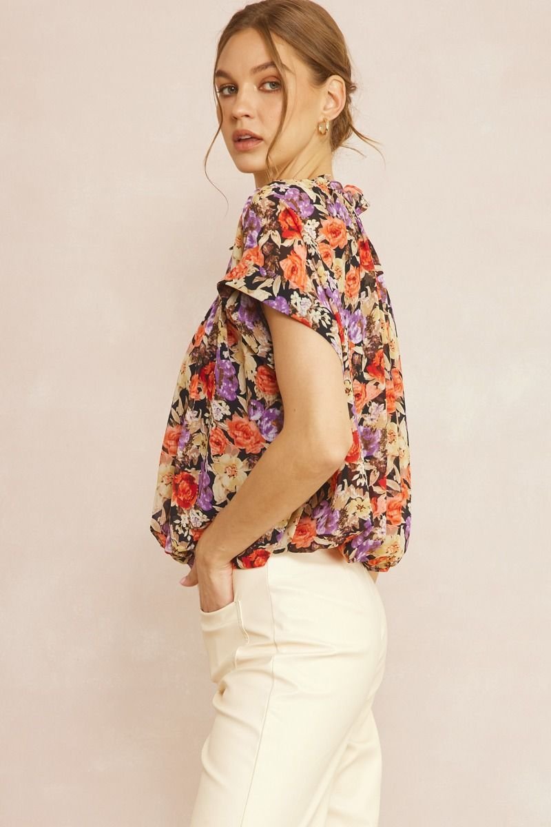 BROWN AND PINK FLORAL TOP WITH WAIST DETAIL styled with neutral pants, perfect for summer outfits Texas from Raggdoll Boutique.