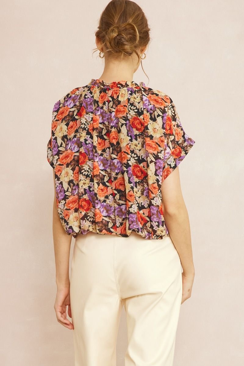 BROWN AND PINK FLORAL TOP WITH WAIST DETAIL back view, perfect for summer outfits Texas, from Raggdoll Boutique.