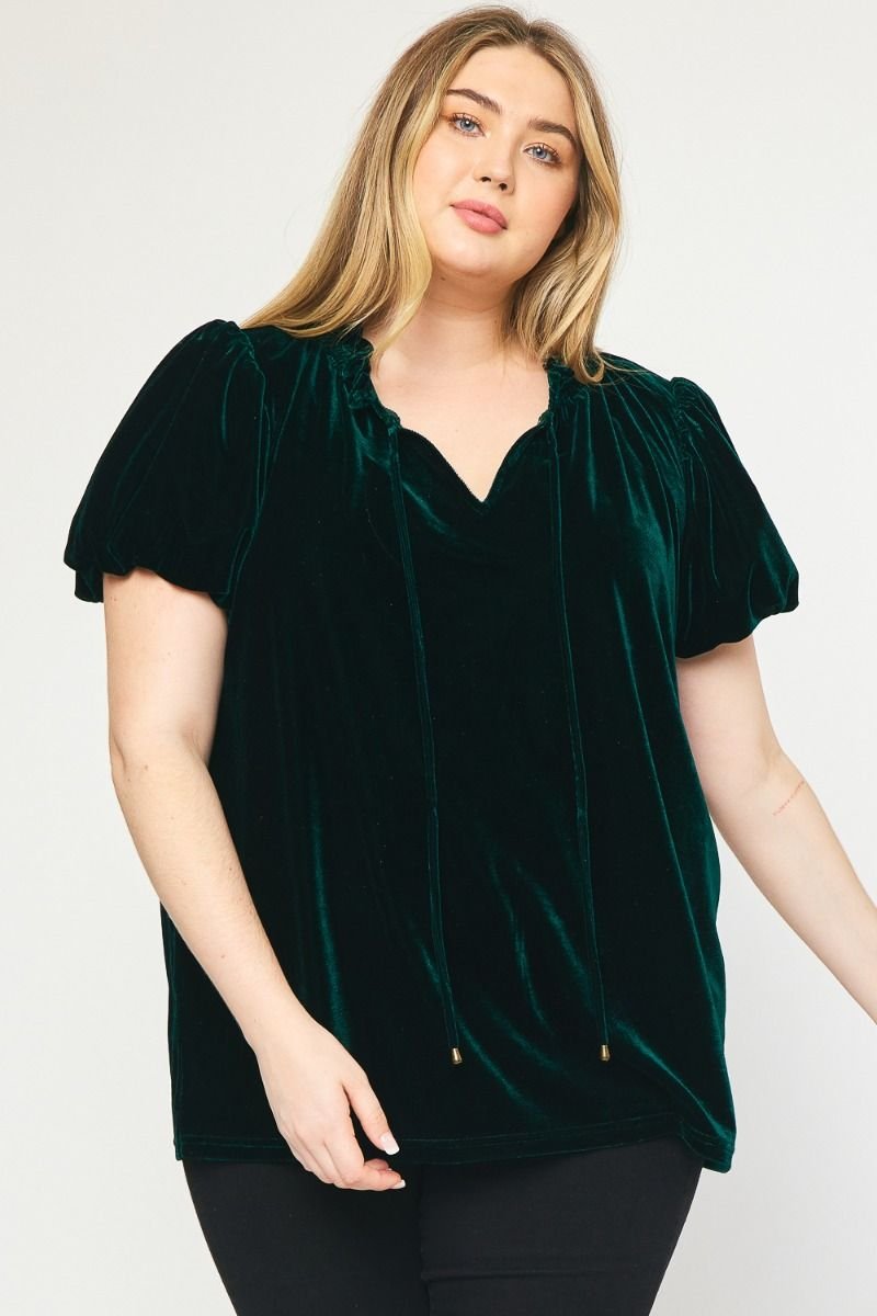 VELVET VIBES PLUS TOP in deep green velvet, perfect for trendy coastal style, available at Raggdoll Boutique.