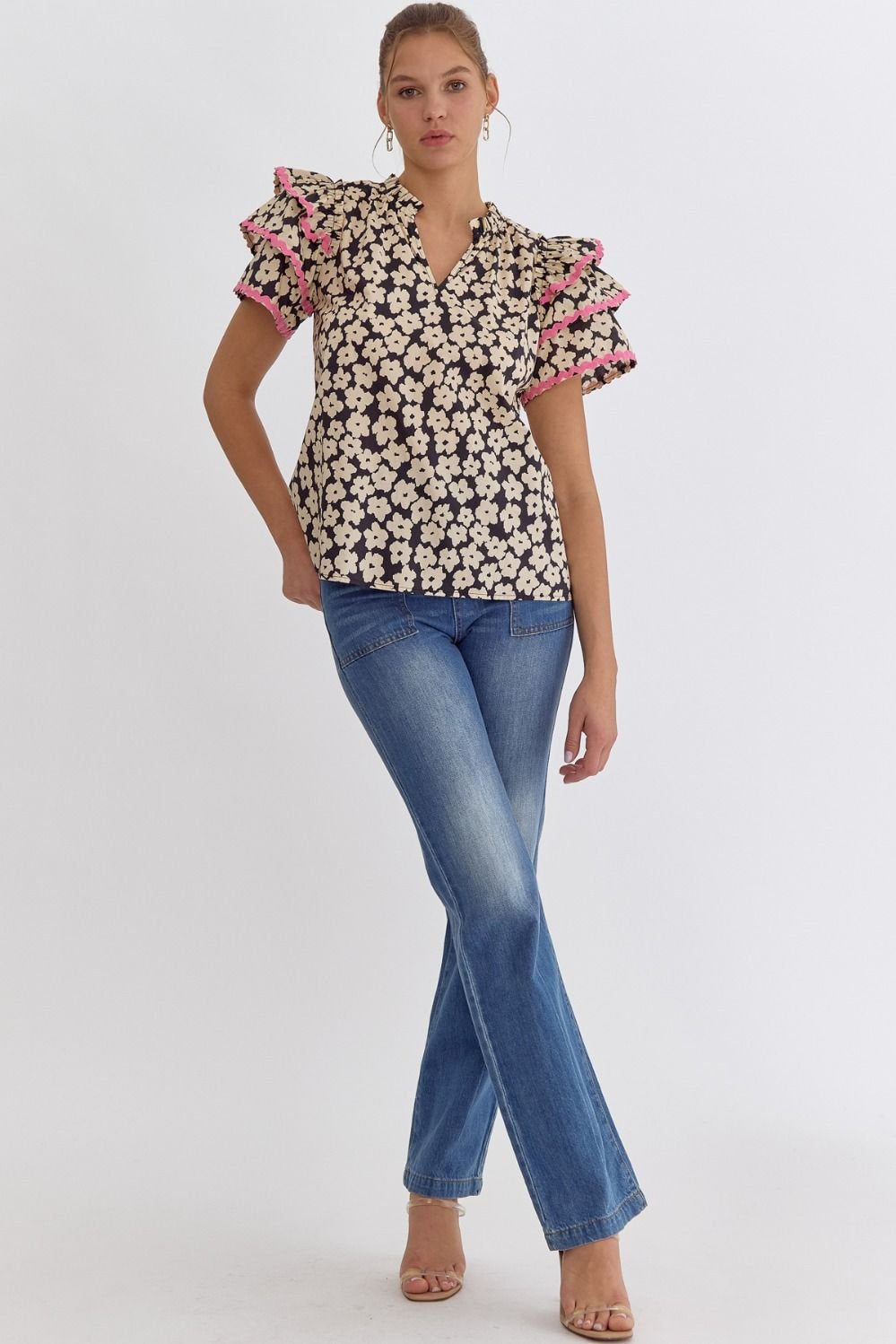 Stylish SPRING FLOWER POWER TOP with ruffled sleeves, perfect for coastal boutique clothing and tropical vacation dresses.
