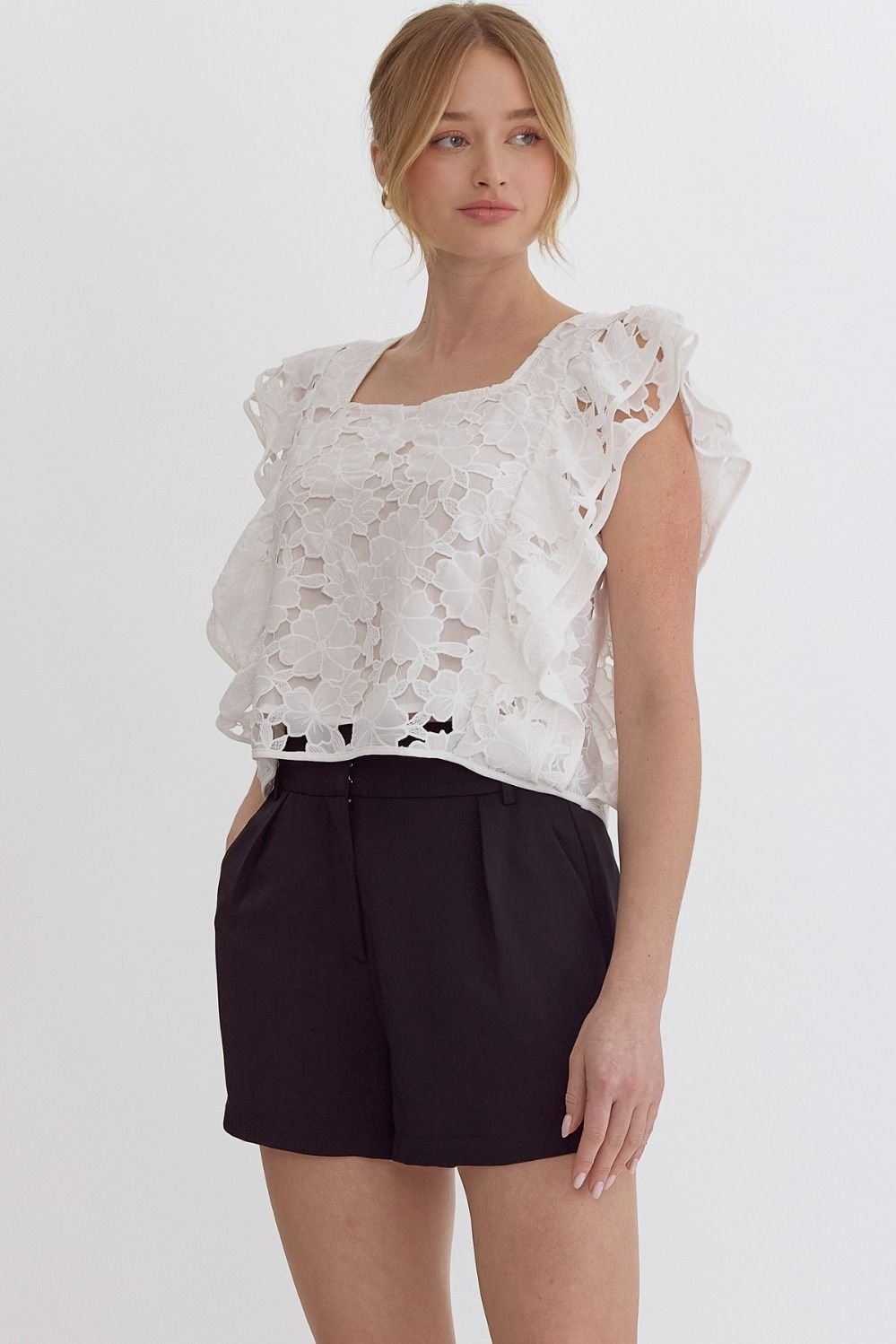 White Lace Cut-Out Top from Raggdoll Boutique, perfect for trendy coastal style and summer outfits Texas.