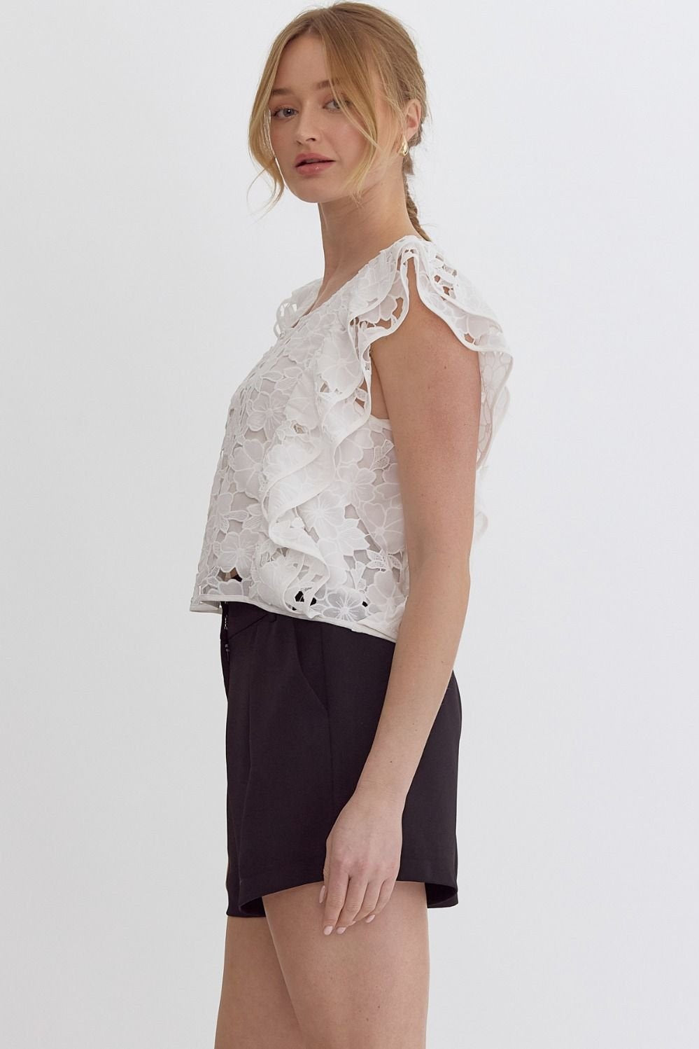 White Lace Cut-Out Top from Raggdoll Boutique, perfect for trendy coastal style and summer outfits Texas.