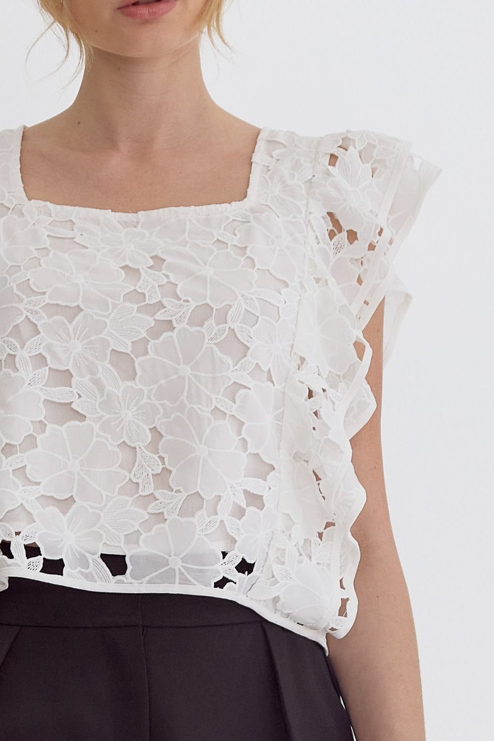 White Lace Cut-Out Top from Raggdoll Boutique, perfect for trendy coastal style in Port Aransas.