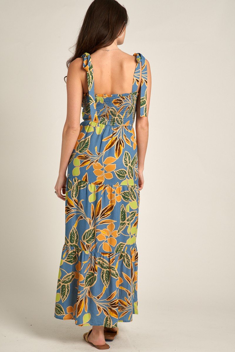 Back view of In the Tropics Dress featuring colorful floral design, ideal for summer outfits Texas from Raggdoll Boutique.