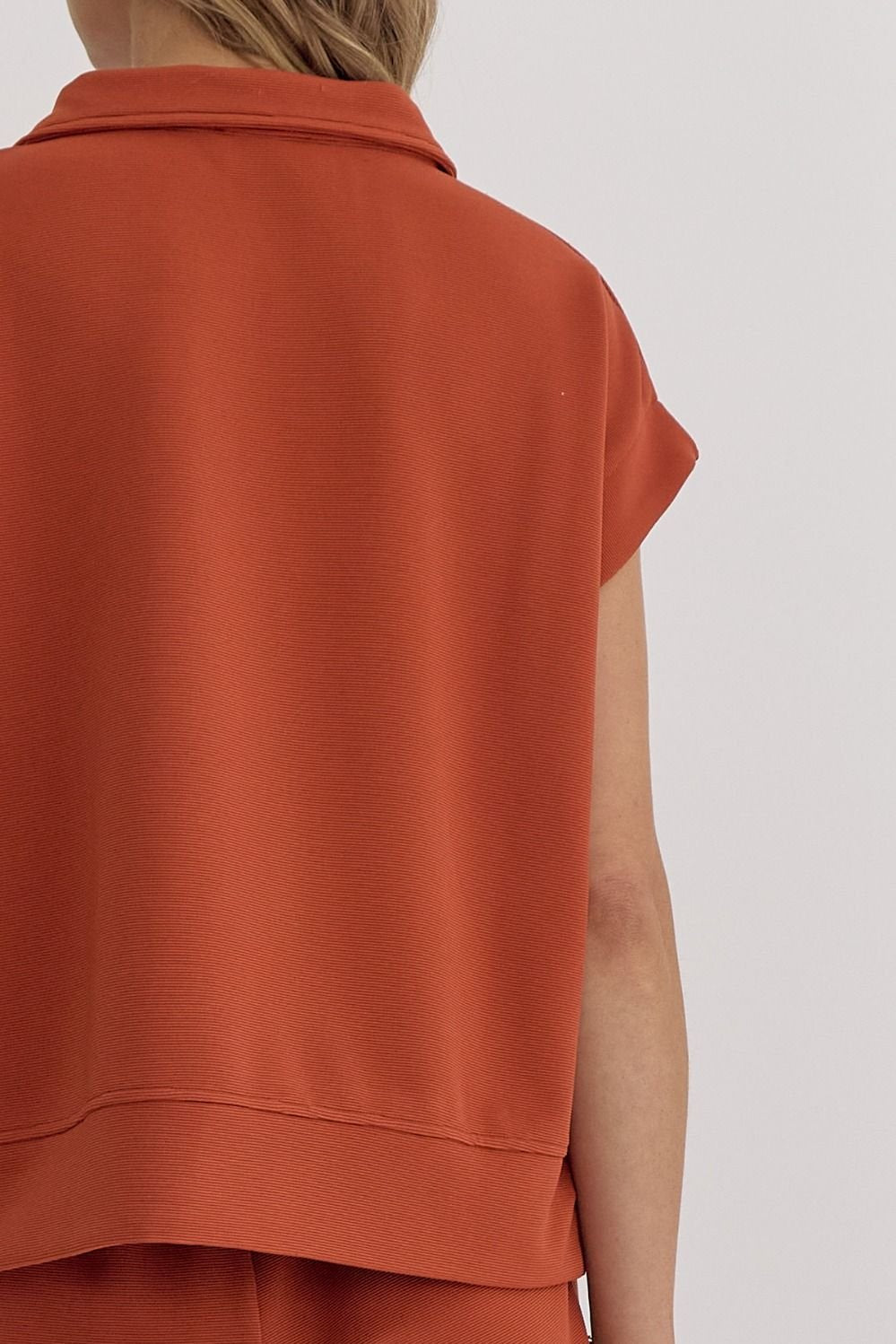 Model showcasing the UT Game Day Set in burnt orange, perfect for trendy coastal style and summer outfits Texas.