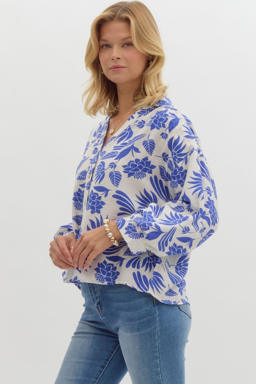 Royal blue and cream button-down top, perfect for coastal boutique clothing or beach dresses at Port Aransas.