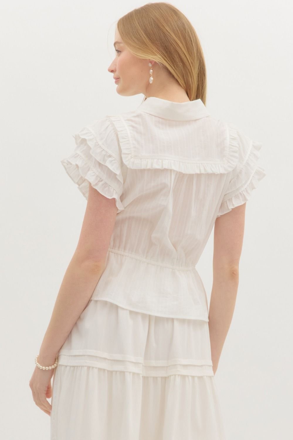Ivory Dream Top with ruffle flutter sleeves, perfect for coastal boutique clothing and stylish women's fashion.