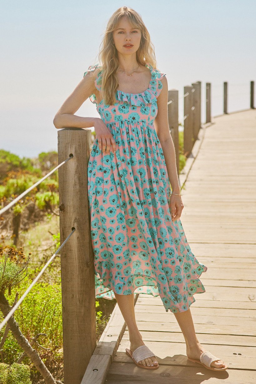 SUMMER BLOOMS MIDI DRESS from Raggdoll Boutique, perfect for coastal fashion and summer outfits in Texas.