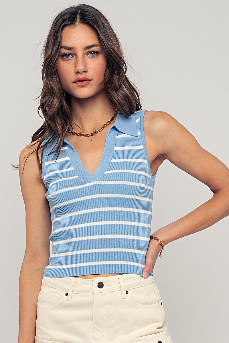 Blue and white striped sleeveless polo sweater, perfect for coastal boutique clothing and stylish tops for women.