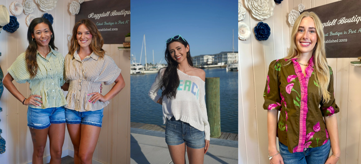 Four different women wearing various fall tops.