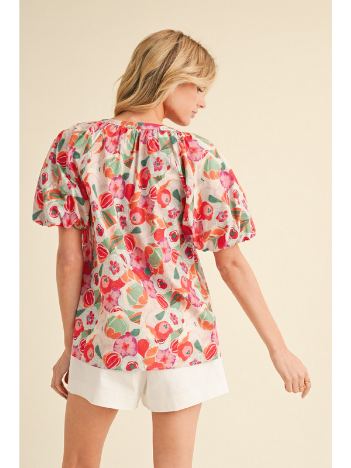 Floral print Joy Top with raglan balloon sleeves, perfect for coastal boutique clothing and tropical vacation dresses.