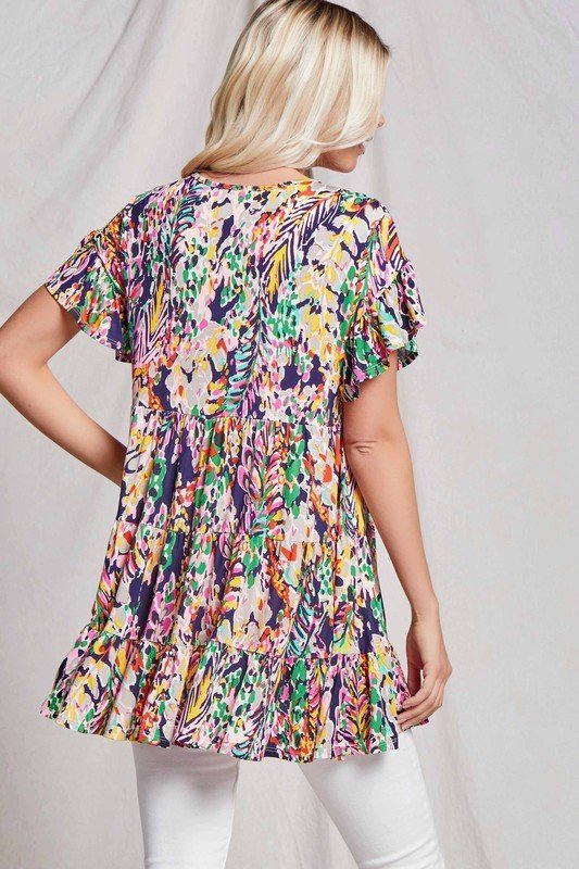 FLORAL PLUS TUNIC TOP from Raggdoll Boutique, colorful baby doll style with ruffle sleeves and tiered bottom.