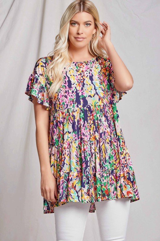 FLORAL PLUS TUNIC TOP from Raggdoll Boutique featuring ruffle sleeves and tiered bottom, perfect for trendy coastal style.