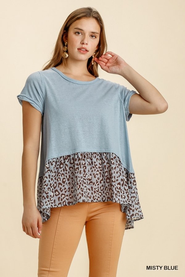 MISTY BLUE ANIMAL PRINT DETAIL TOP stylish women’s clothing from Raggdoll Boutique in Port Aransas.