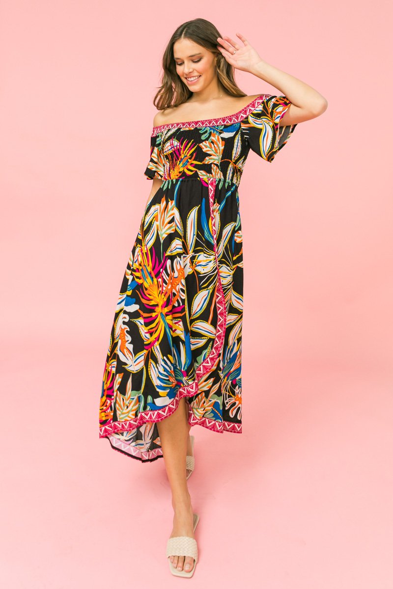 EASY BREEZY OFF-SHOULDER MIDI DRESS from Raggdoll Boutique featuring a colorful floral print and flutter sleeves.