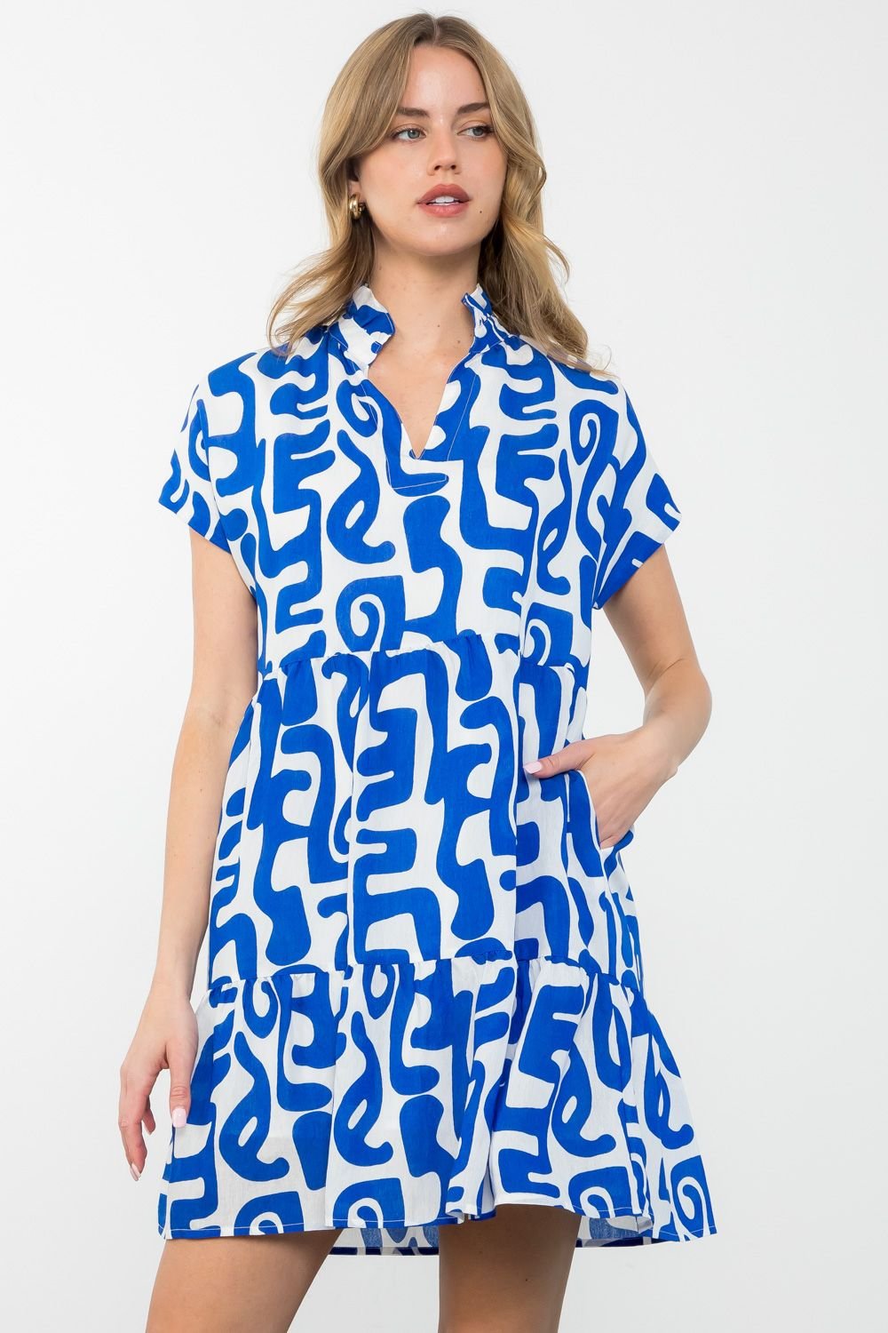 THML MYKONOS DRESS featuring vibrant blue patterns for trendy coastal style at Raggdoll Boutique.