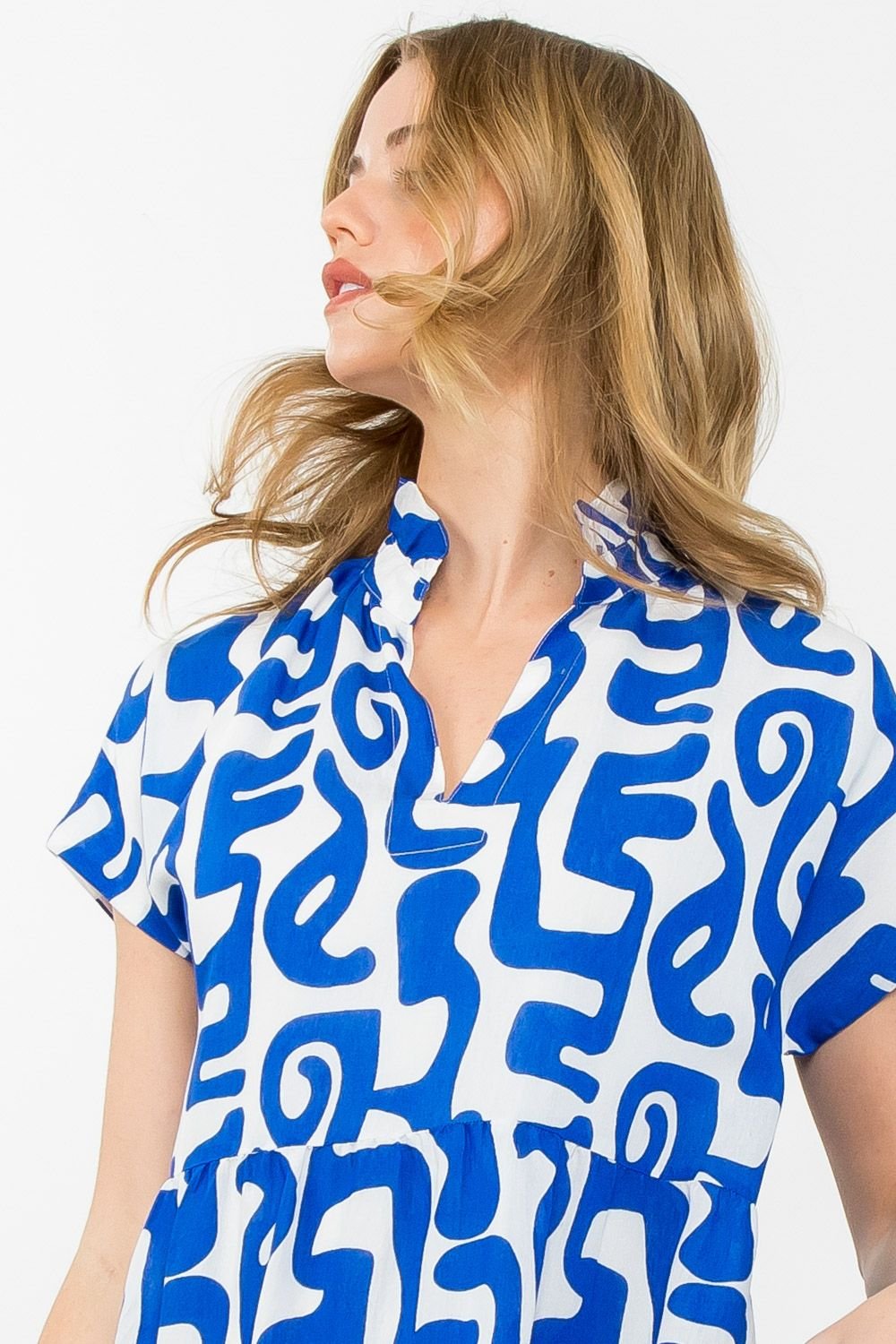 THML MYKONOS DRESS in vibrant blue and white patterns, perfect for summer outfits Texas at Raggdoll Boutique.