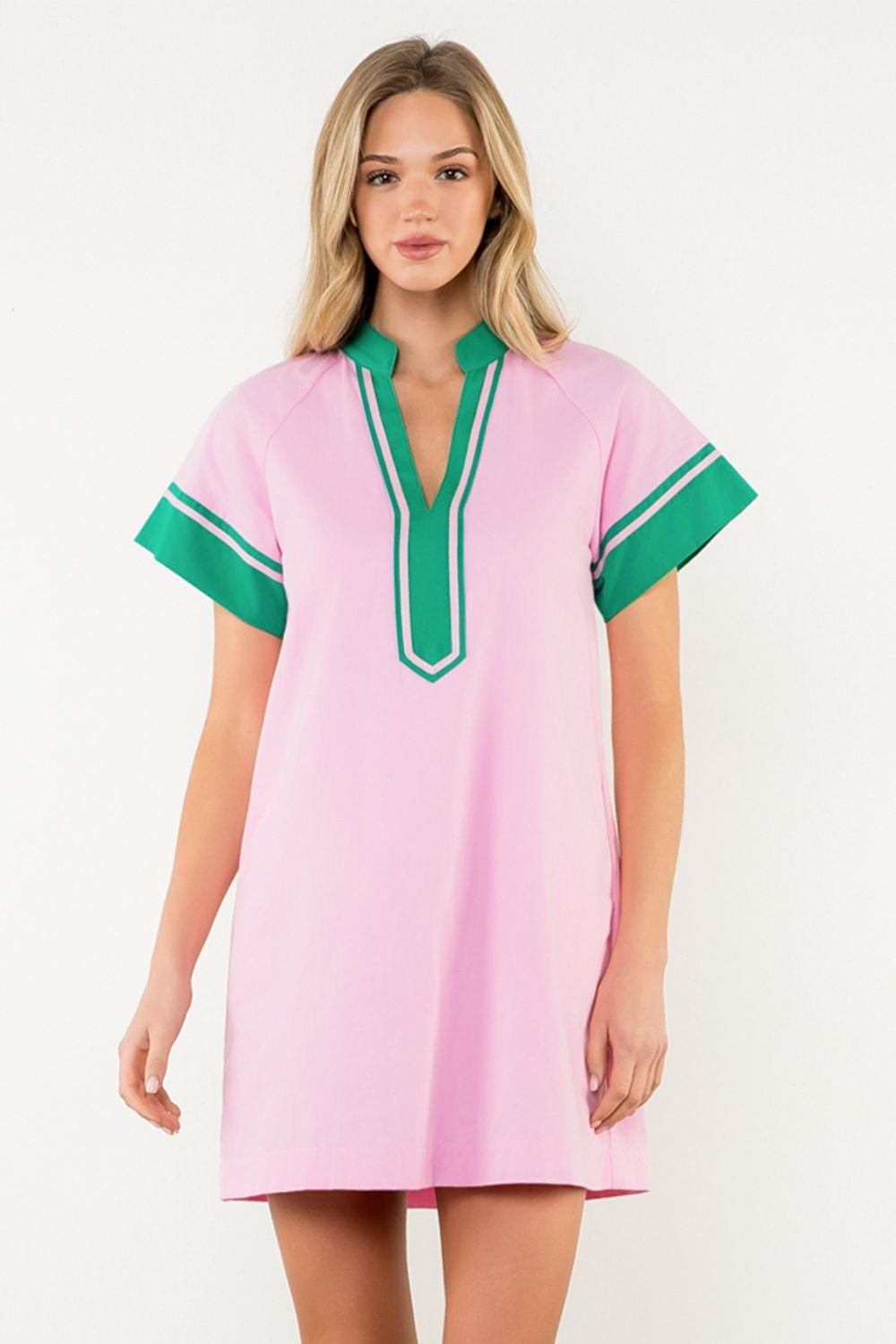 Annie Dress in pink with green trim, perfect for coastal boutique clothing and tropical vacation dresses.