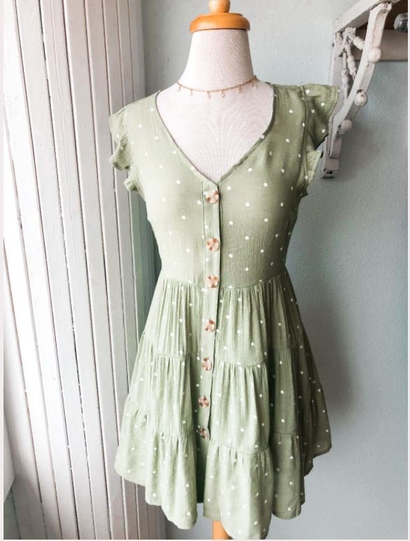 LIGHT OLIVE DOT BUTTON DOWN DRESS from Raggdoll Boutique, perfect for summer outfits Texas and trendy coastal style.