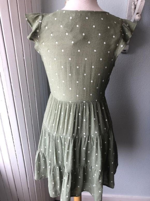 LIGHT OLIVE DOT BUTTON DOWN DRESS showcasing trendy coastal style with flutter sleeves, ideal for summer outfits Texas.